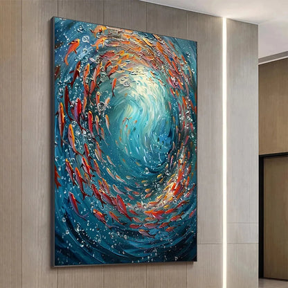 CORAL DANCE: Vibrant Underwater Fish Oil Painting | gold frame stretched on neutral wall