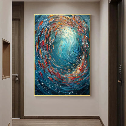 CORAL DANCE: Vibrant Underwater Fish Oil Painting | black frame version on white wall