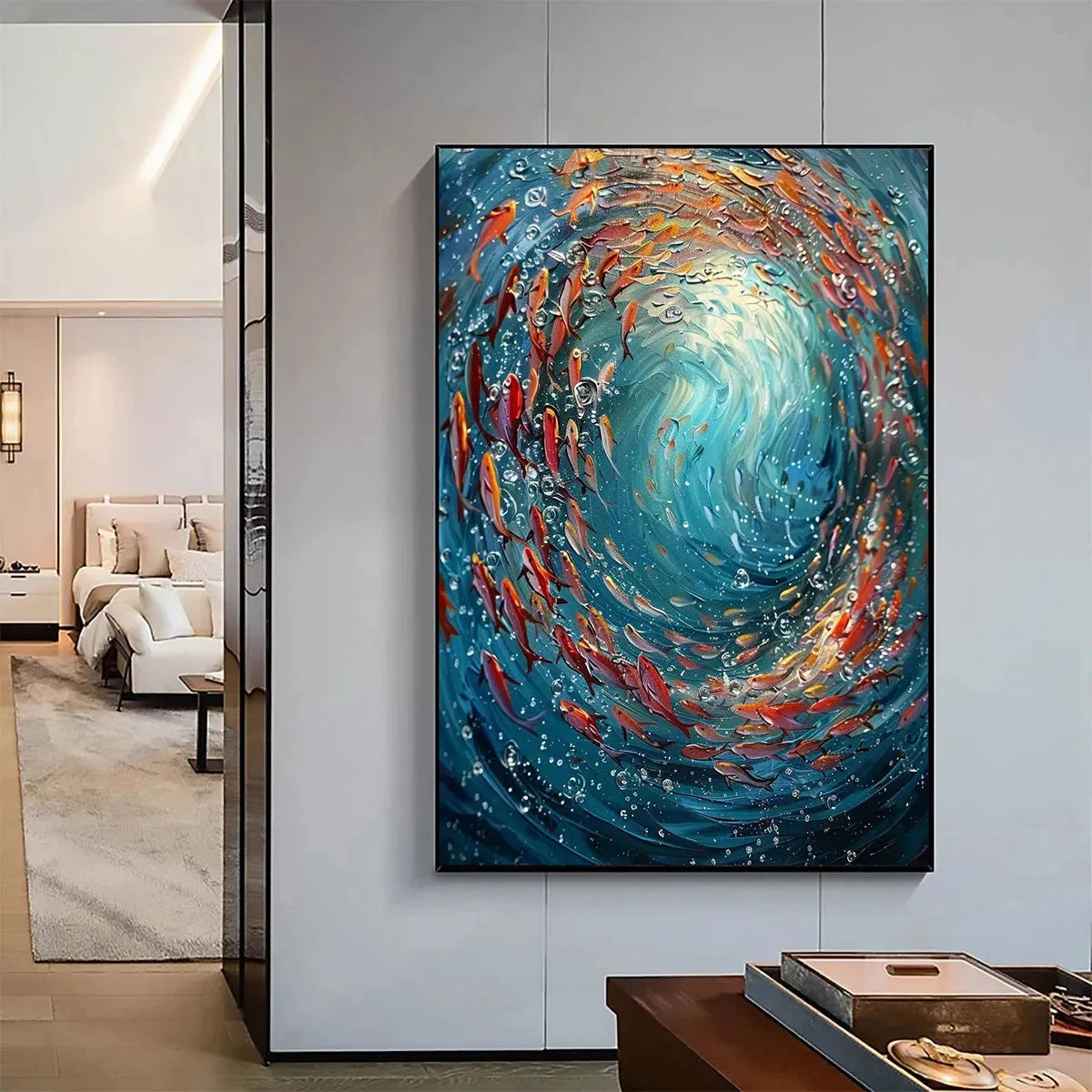 CORAL DANCE: Vibrant Underwater Fish Oil Painting | blue palette, original Hand-painted on premium stretched canvas using artist-grade oils; rich layered surface combines smooth gradients with tact...