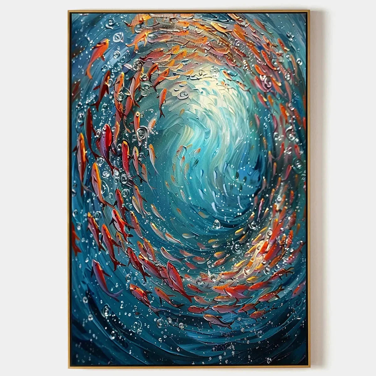 CORAL DANCE: Vibrant Underwater Fish Oil Painting | hanging in CORAL DANCE: Vibrant Underwater Fish Oil Painting featuring layered textured brushwork in refined tones; abstract composition with ric...