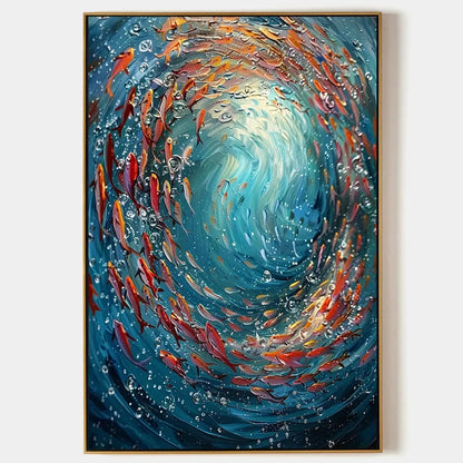 CORAL DANCE: Vibrant Underwater Fish Oil Painting | hanging in CORAL DANCE: Vibrant Underwater Fish Oil Painting featuring layered textured brushwork in refined tones; abstract composition with ric...