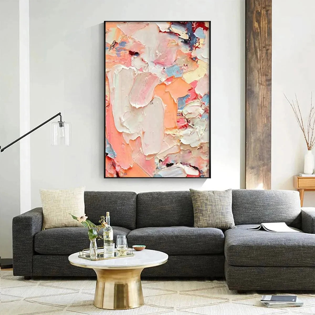 CORAL DREAM: Textured Abstract Painting, Pink and Orange Wall Art, Vertical Canvas, Impasto Decor | gold frame stretched on neutral wall