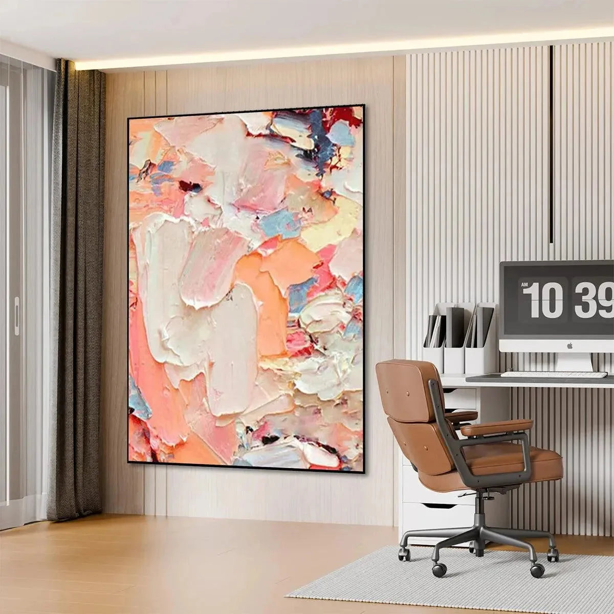 CORAL DREAM: Textured Abstract Painting, Pink and Orange Wall Art, Vertical Canvas, Impasto Decor | black frame version on white wall