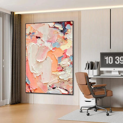 CORAL DREAM: Textured Abstract Painting, Pink and Orange Wall Art, Vertical Canvas, Impasto Decor | black frame version on white wall