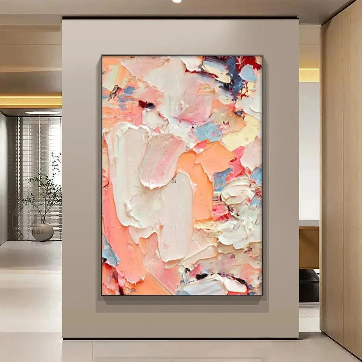 CORAL DREAM: Textured Abstract Painting, Pink and Orange Wall Art, Vertical Canvas, Impasto Decor | Abstract mood, soft natural light studio shot