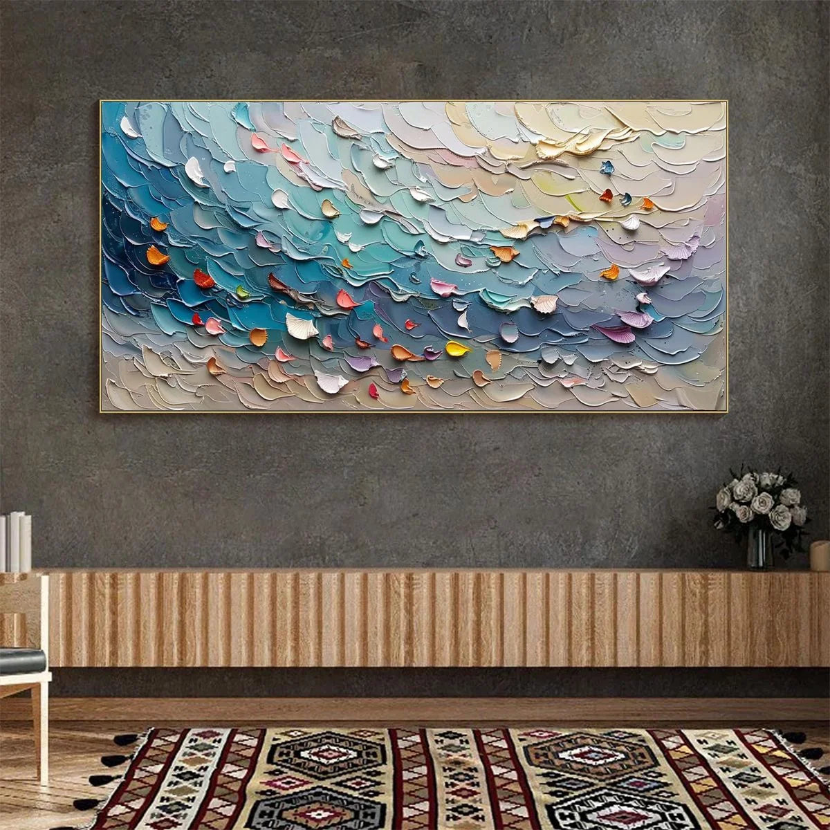CORAL DREAM: Textured Abstract Seascape Oil Painting | gold frame stretched on neutral wall
