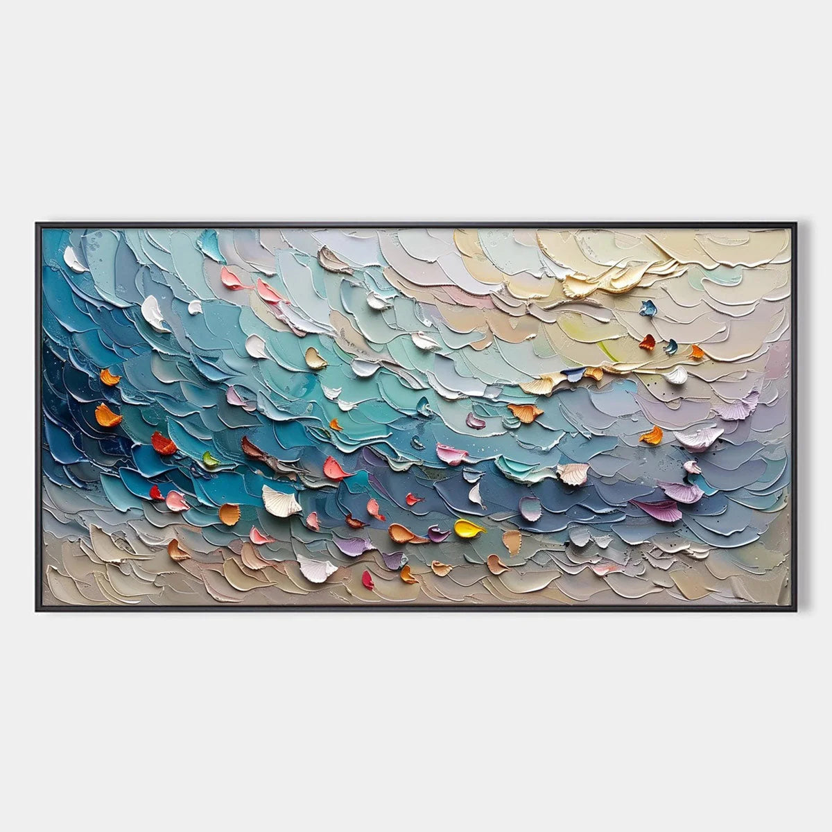 CORAL DREAM: Textured Abstract Seascape Oil Painting | hanging in CORAL DREAM: Textured Abstract Seascape Oil Painting featuring layered textured brushwork in refined tones; abstract composition wi...