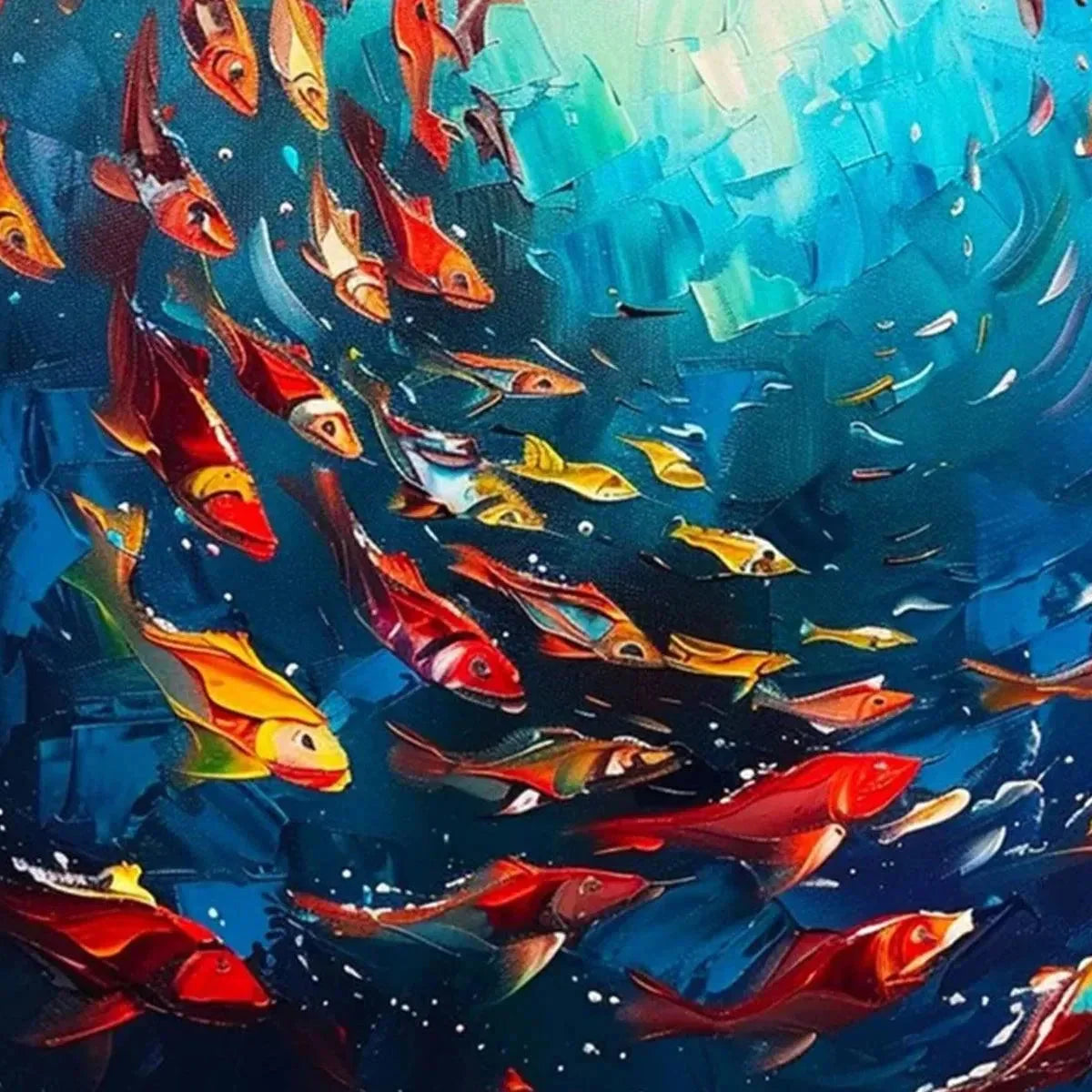 CORAL REEF DANCE: Vibrant Painting of Colorful Fish | rectangular format, hand-painted canvas edge