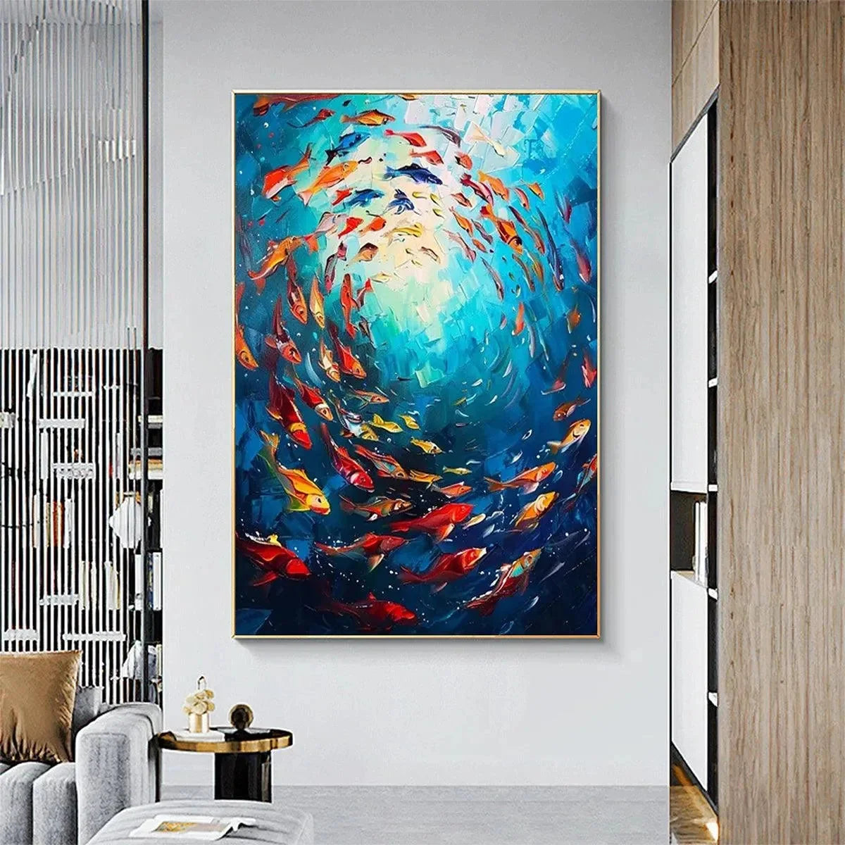 CORAL REEF DANCE: Vibrant Painting of Colorful Fish | beige palette, original Hand-painted on premium stretched canvas using artist-grade oils; rich layered surface combines smooth gradients with t...