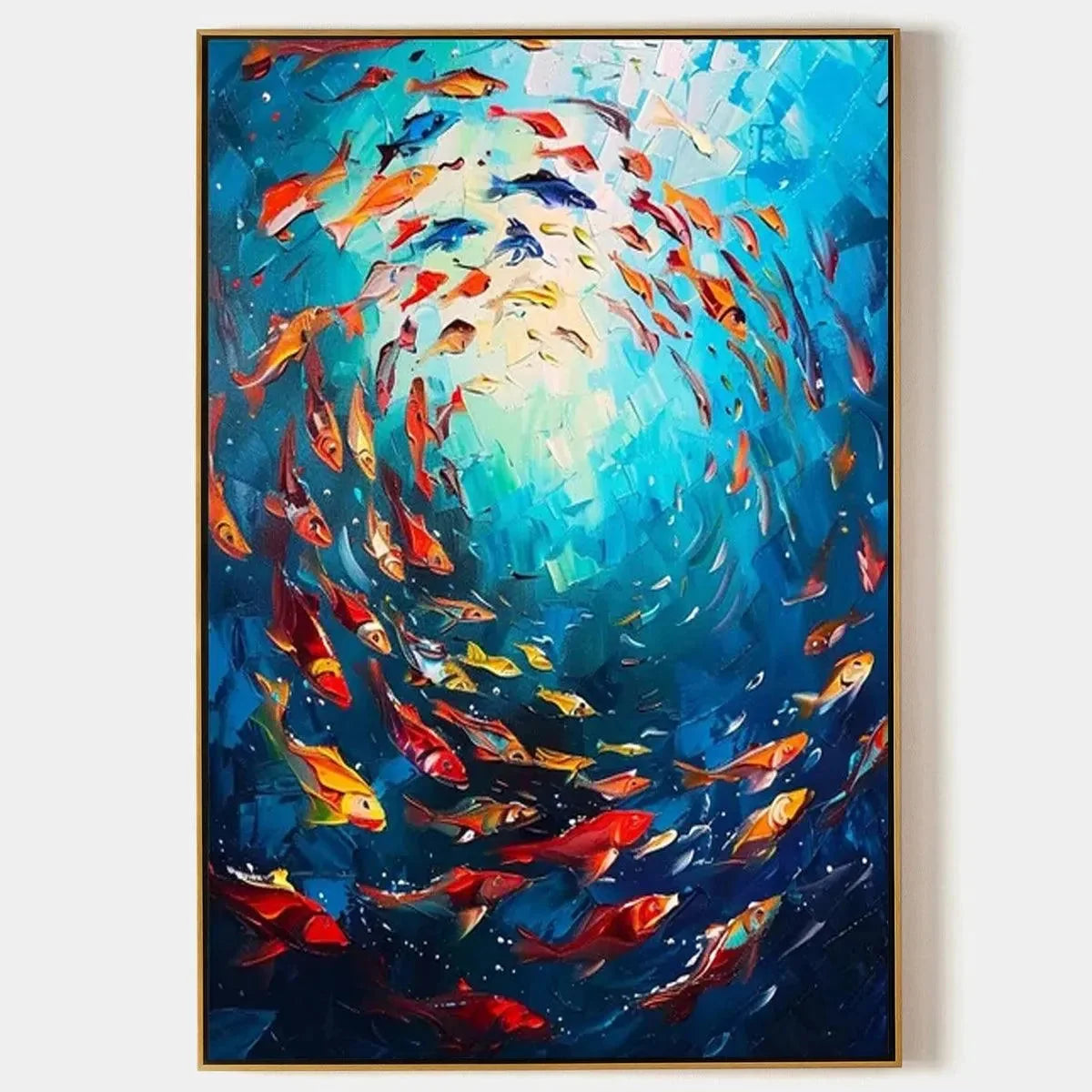 CORAL REEF DANCE: Vibrant Painting of Colorful Fish | hanging in CORAL REEF DANCE: Vibrant Painting of Colorful Fish featuring layered textured brushwork in refined tones; abstract composition with...