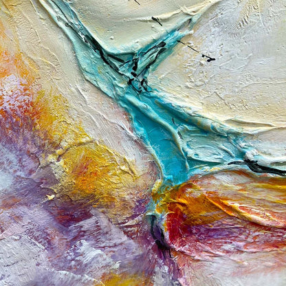 CORAL REEF: Panoramic Abstract Blue and Orange Oil Painting | rectangular format, hand-painted canvas edge