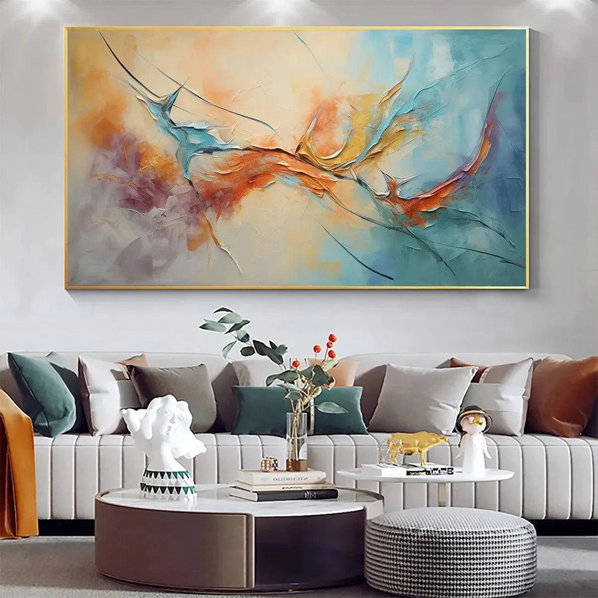 CORAL REEF: Panoramic Abstract Blue and Orange Oil Painting | gold frame stretched on neutral wall