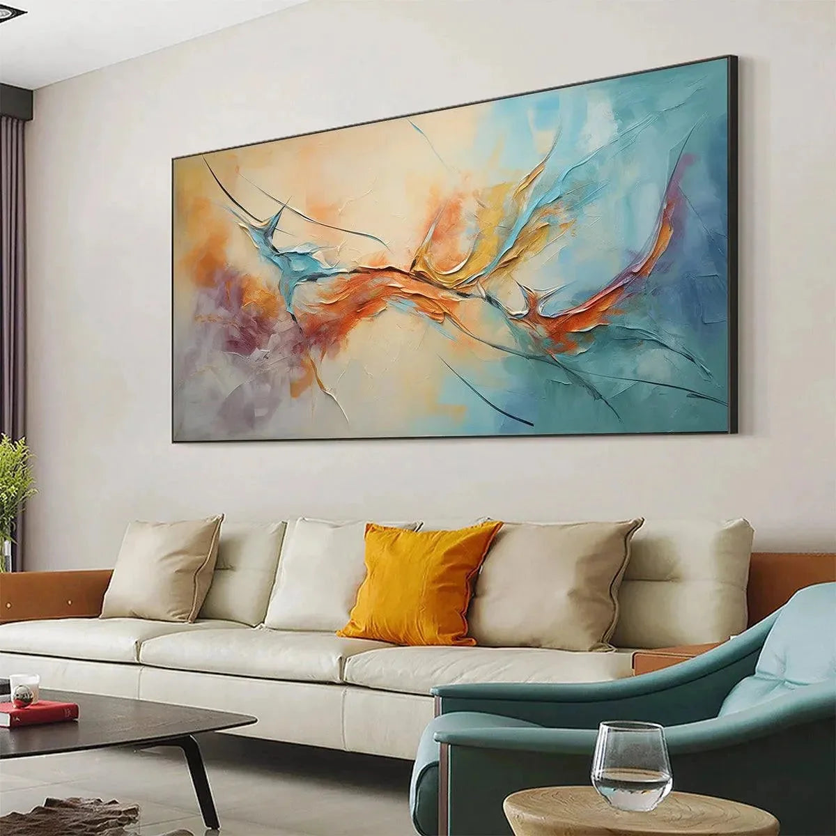 CORAL REEF: Panoramic Abstract Blue and Orange Oil Painting | rolled canvas, ready for custom framing