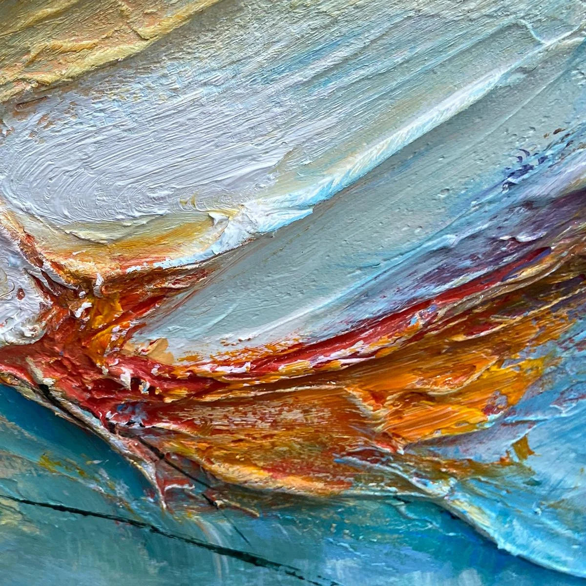 CORAL REEF: Panoramic Abstract Blue and Orange Oil Painting | black frame version on white wall
