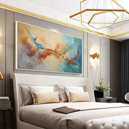 CORAL REEF: Panoramic Abstract Blue and Orange Oil Painting | Abstract mood, soft natural light studio shot