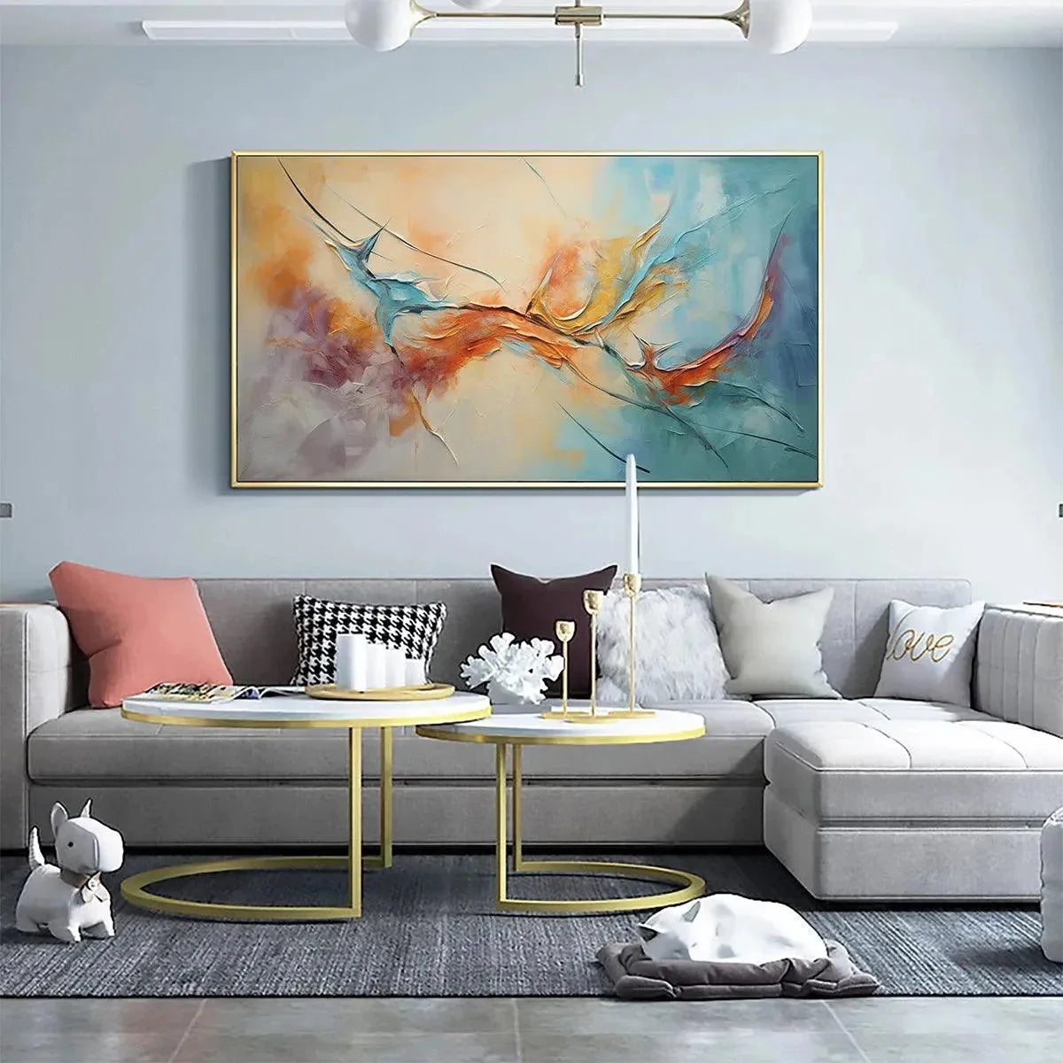 CORAL REEF: Panoramic Abstract Blue and Orange Oil Painting | blue palette, original Hand-painted on premium stretched canvas using artist-grade oils; rich layered surface combines smooth gradients...