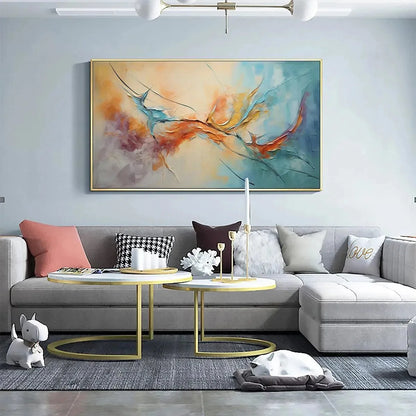 CORAL REEF: Panoramic Abstract Blue and Orange Oil Painting | blue palette, original Hand-painted on premium stretched canvas using artist-grade oils; rich layered surface combines smooth gradients...
