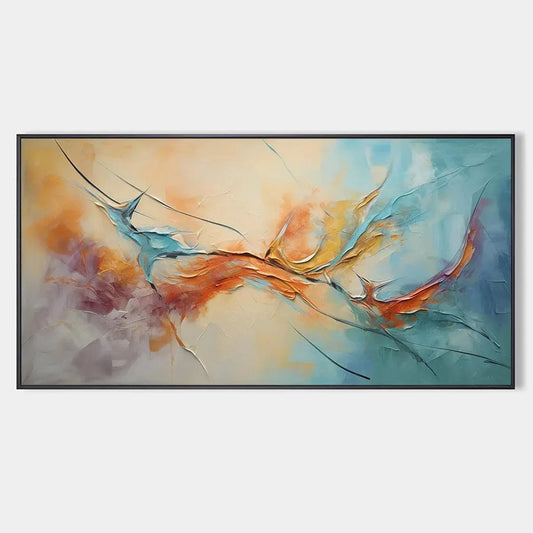 CORAL REEF: Panoramic Abstract Blue and Orange Oil Painting | hanging in CORAL REEF: Panoramic Abstract Blue and Orange Oil Painting featuring layered textured brushwork in refined tones; abstract ...