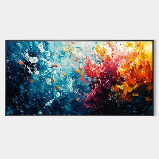 CORAL REEF: Panoramic Abstract Seascape Oil Painting in Vibrant Colors | hanging in CORAL REEF: Panoramic Abstract Seascape Oil Painting in Vibrant Colors featuring layered textured brushwork in re...