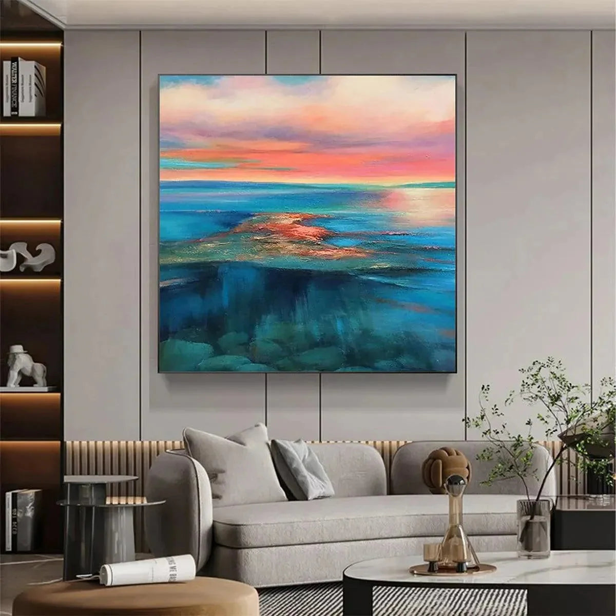 CORAL REEF SUNSET: Vibrant Coastal Sunset Painting, Square Wall Art | Abstract closeup, raised brushwork detail