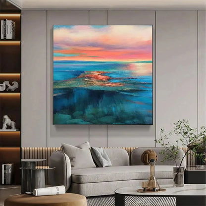 CORAL REEF SUNSET: Vibrant Coastal Sunset Painting, Square Wall Art | Abstract closeup, raised brushwork detail