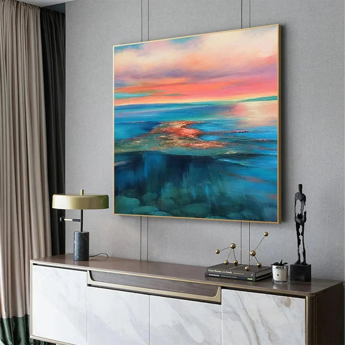 CORAL REEF SUNSET: Vibrant Coastal Sunset Painting, Square Wall Art | gold frame stretched on neutral wall