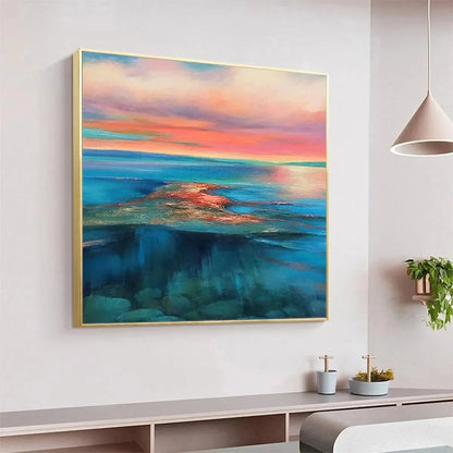 CORAL REEF SUNSET: Vibrant Coastal Sunset Painting, Square Wall Art | rolled canvas, ready for custom framing