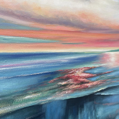 CORAL REEF SUNSET: Vibrant Coastal Sunset Painting, Square Wall Art | black frame version on white wall