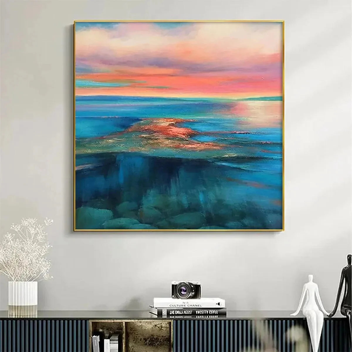 CORAL REEF SUNSET: Vibrant Coastal Sunset Painting, Square Wall Art | Abstract mood, soft natural light studio shot