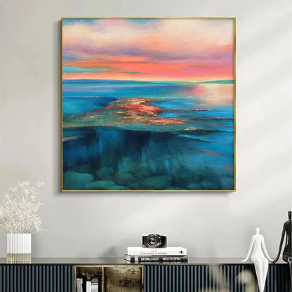 CORAL REEF SUNSET: Vibrant Coastal Sunset Painting, Square Wall Art | Abstract mood, soft natural light studio shot
