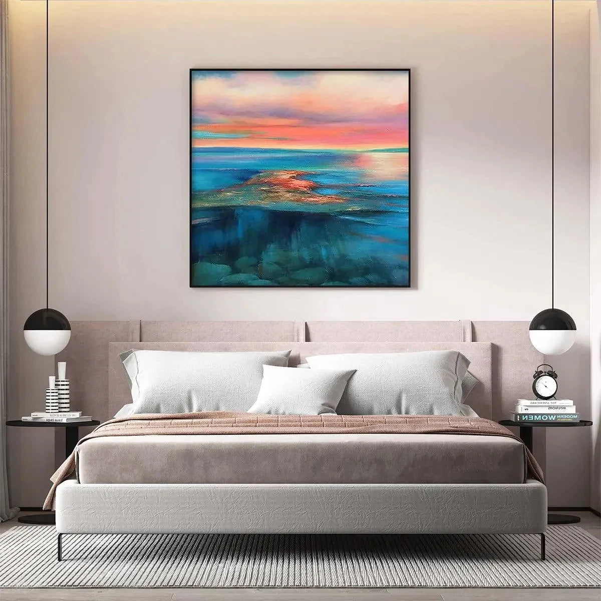 CORAL REEF SUNSET: Vibrant Coastal Sunset Painting, Square Wall Art | beige palette, original Hand-painted on premium stretched canvas using artist-grade oils; rich layered surface combines smooth ...