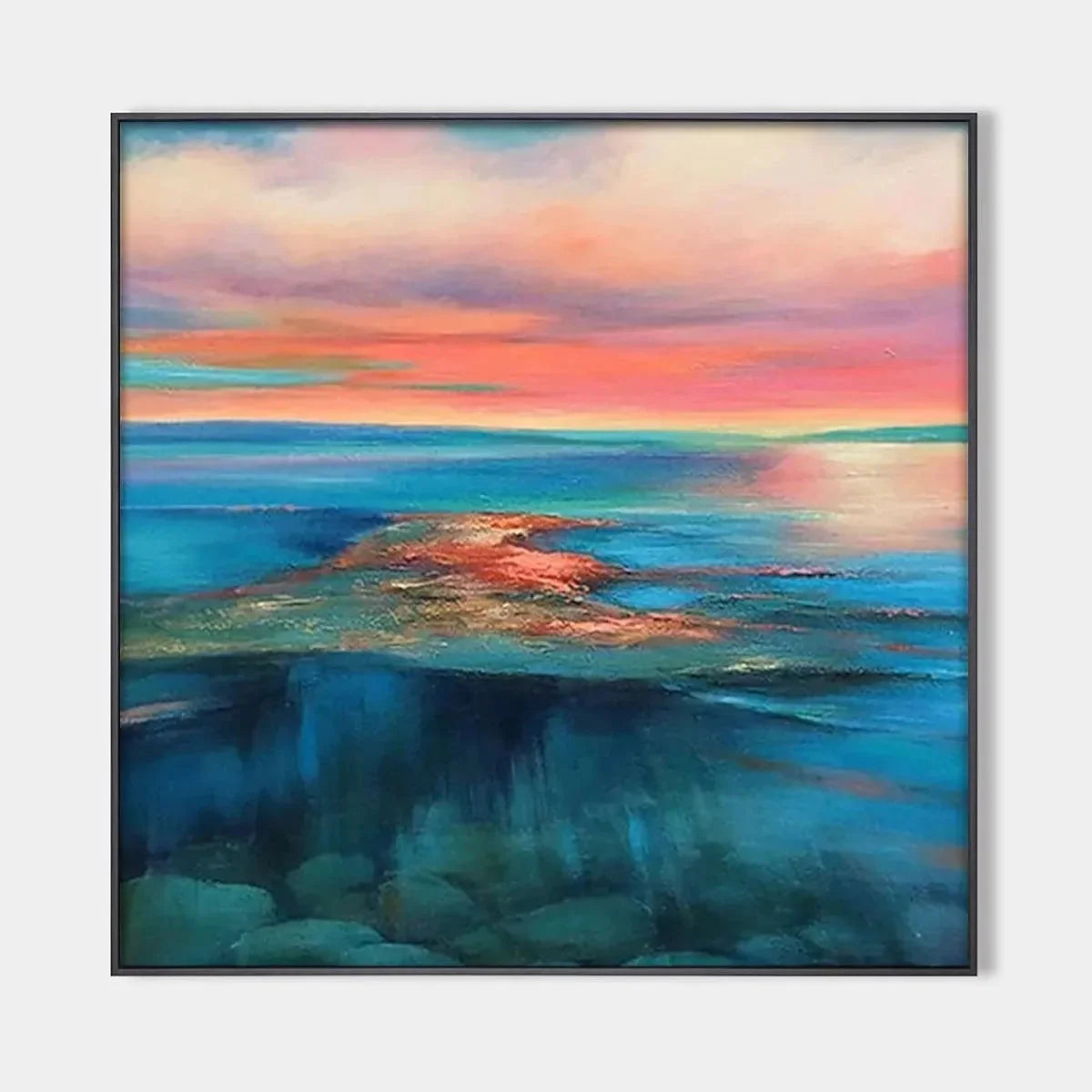 CORAL REEF SUNSET: Vibrant Coastal Sunset Painting, Square Wall Art | hanging in CORAL REEF SUNSET: Vibrant Coastal Sunset Painting, Square Wall Art featuring layered textured brushwork in refined ...