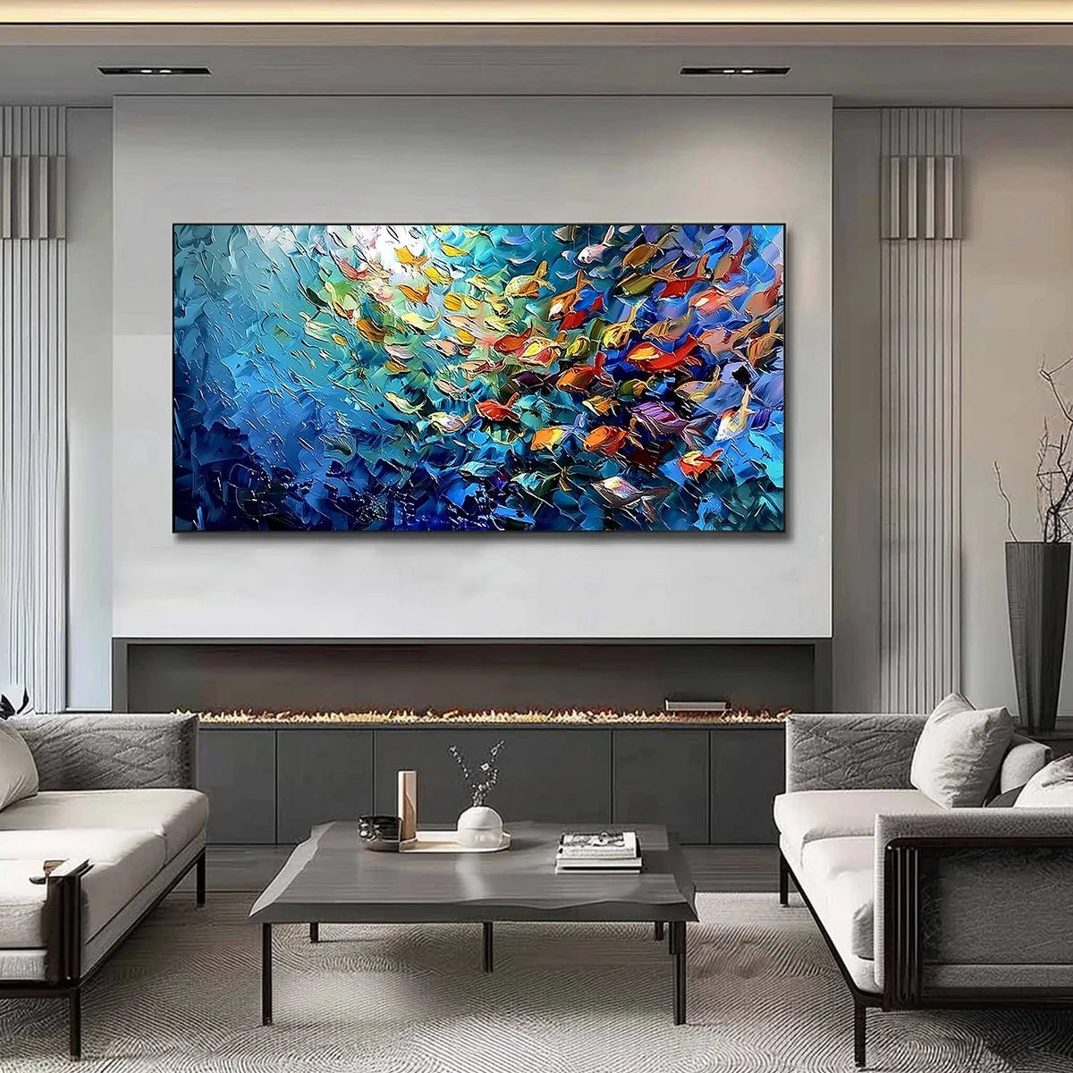 CORAL RUSH: Textured Impasto Painting of a Vibrant School of Fish | Abstract closeup, raised brushwork detail