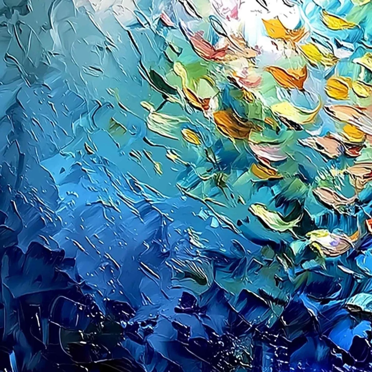 CORAL RUSH: Textured Impasto Painting of a Vibrant School of Fish | rectangular format, hand-painted canvas edge