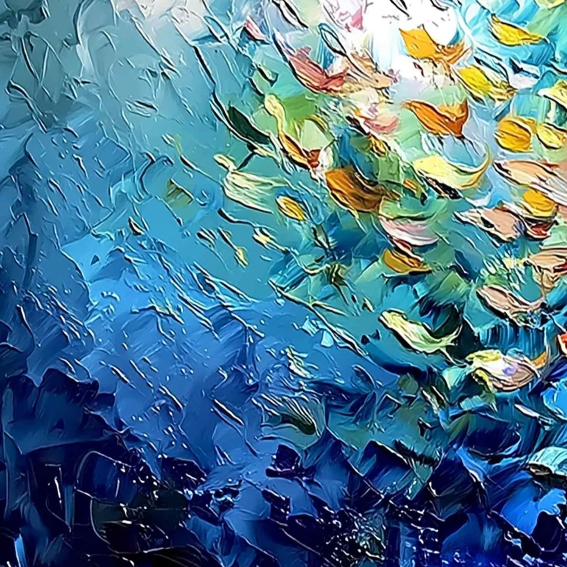 CORAL RUSH: Textured Impasto Painting of a Vibrant School of Fish | rectangular format, hand-painted canvas edge