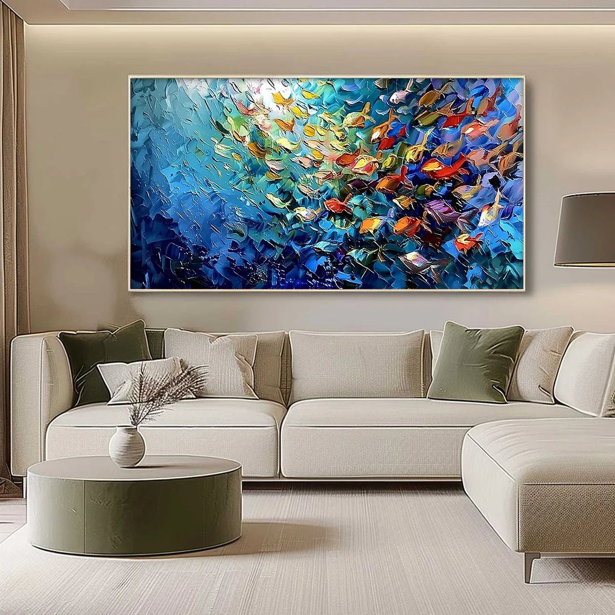 CORAL RUSH: Textured Impasto Painting of a Vibrant School of Fish | gold frame stretched on neutral wall