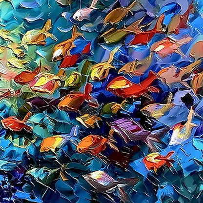 CORAL RUSH: Textured Impasto Painting of a Vibrant School of Fish | rolled canvas, ready for custom framing