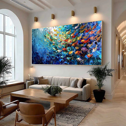 CORAL RUSH: Textured Impasto Painting of a Vibrant School of Fish | Abstract mood, soft natural light studio shot