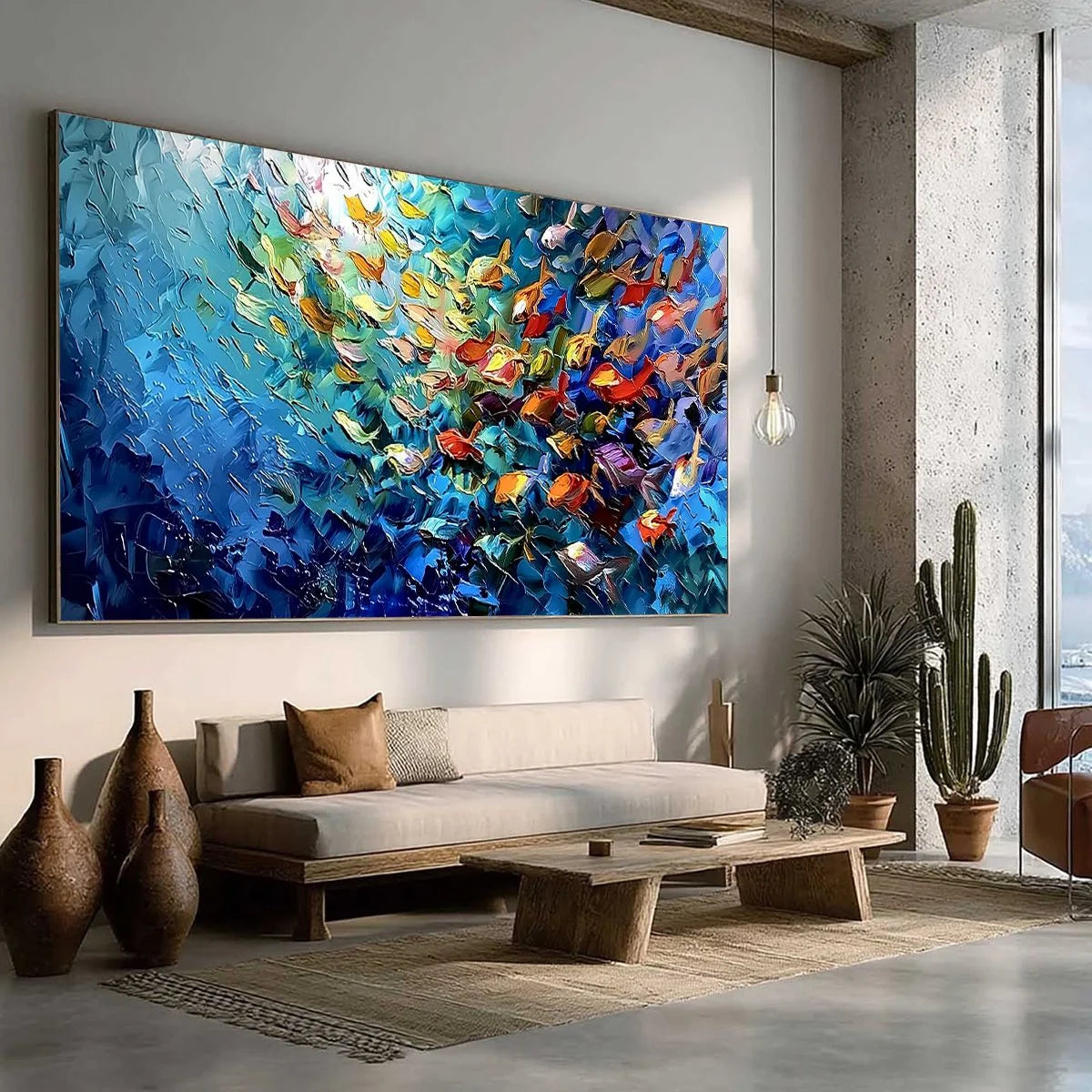 CORAL RUSH: Textured Impasto Painting of a Vibrant School of Fish | beige palette, original Hand-painted on premium stretched canvas using artist-grade oils; rich layered surface combines smooth gr...