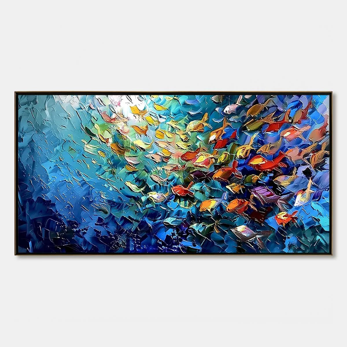 CORAL RUSH: Textured Impasto Painting of a Vibrant School of Fish | hanging in CORAL RUSH: Textured Impasto Painting of a Vibrant School of Fish featuring layered textured brushwork in refined tone...
