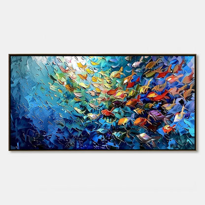 CORAL RUSH: Textured Impasto Painting of a Vibrant School of Fish | hanging in CORAL RUSH: Textured Impasto Painting of a Vibrant School of Fish featuring layered textured brushwork in refined tone...