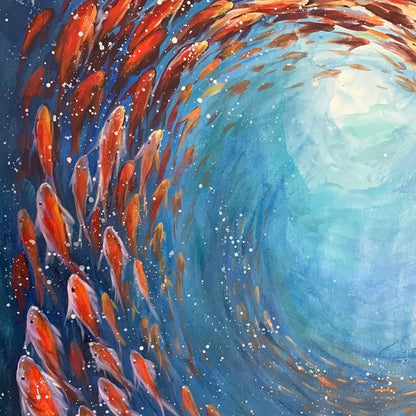 CORAL SWIRL: Vertical Fish Painting, Colorful, Ocean | rectangular format, hand-painted canvas edge