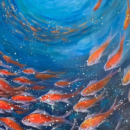 CORAL SWIRL: Vertical Fish Painting, Colorful, Ocean | black frame version on white wall