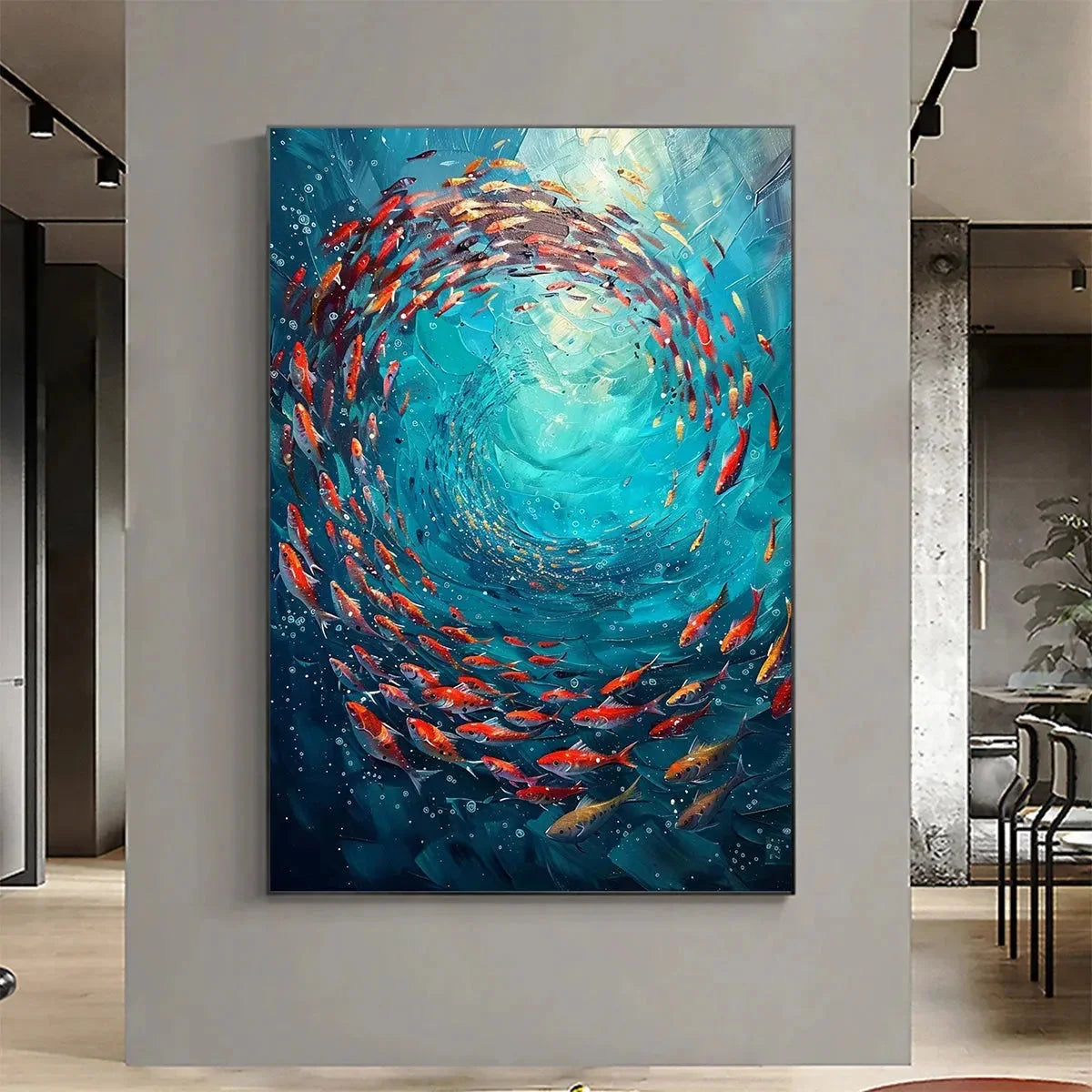CORAL SWIRL: Vertical Fish Painting, Colorful, Ocean | Abstract mood, soft natural light studio shot