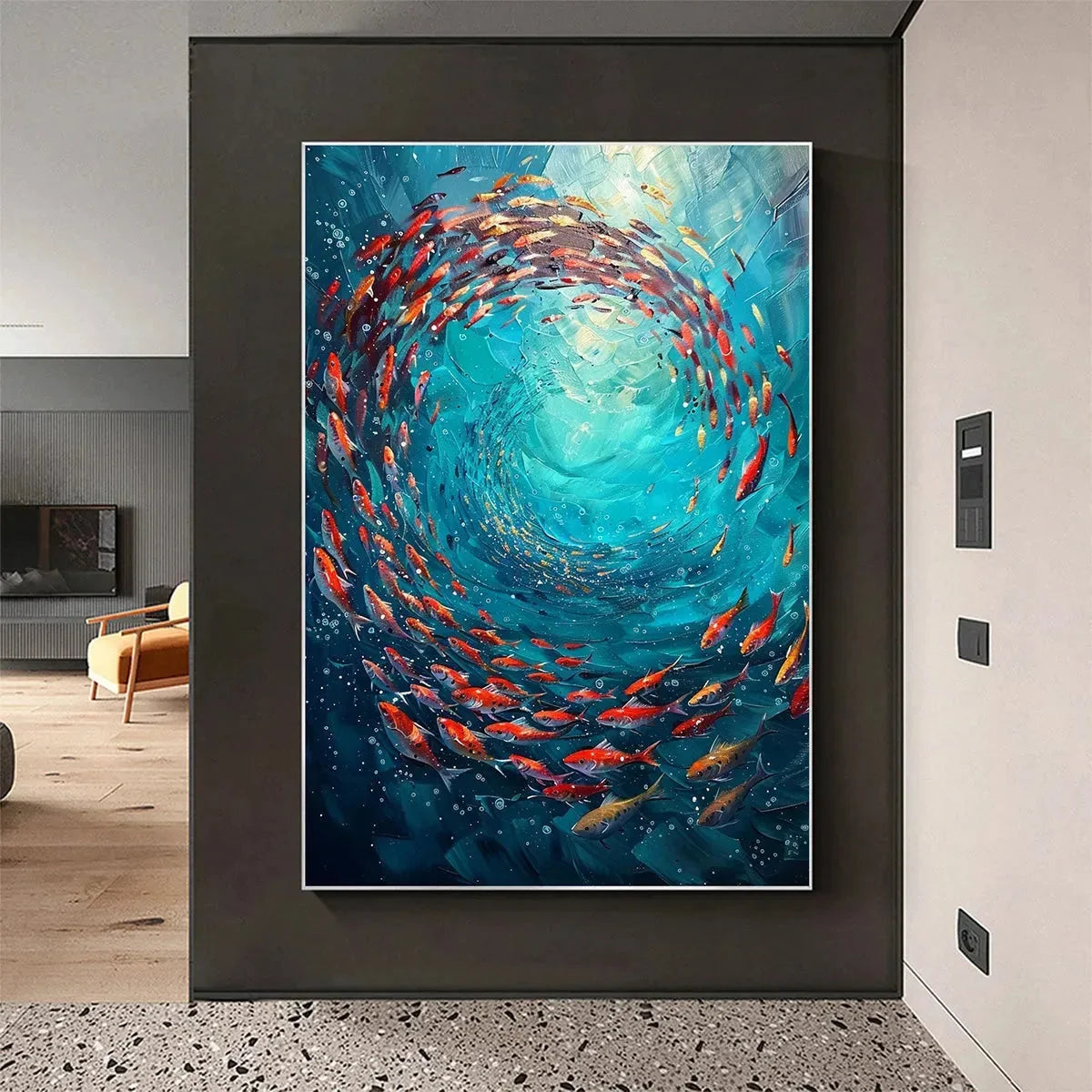 CORAL SWIRL: Vertical Fish Painting, Colorful, Ocean | blue palette, original Hand-painted on premium stretched canvas using artist-grade oils; rich layered surface combines smooth gradients with t...