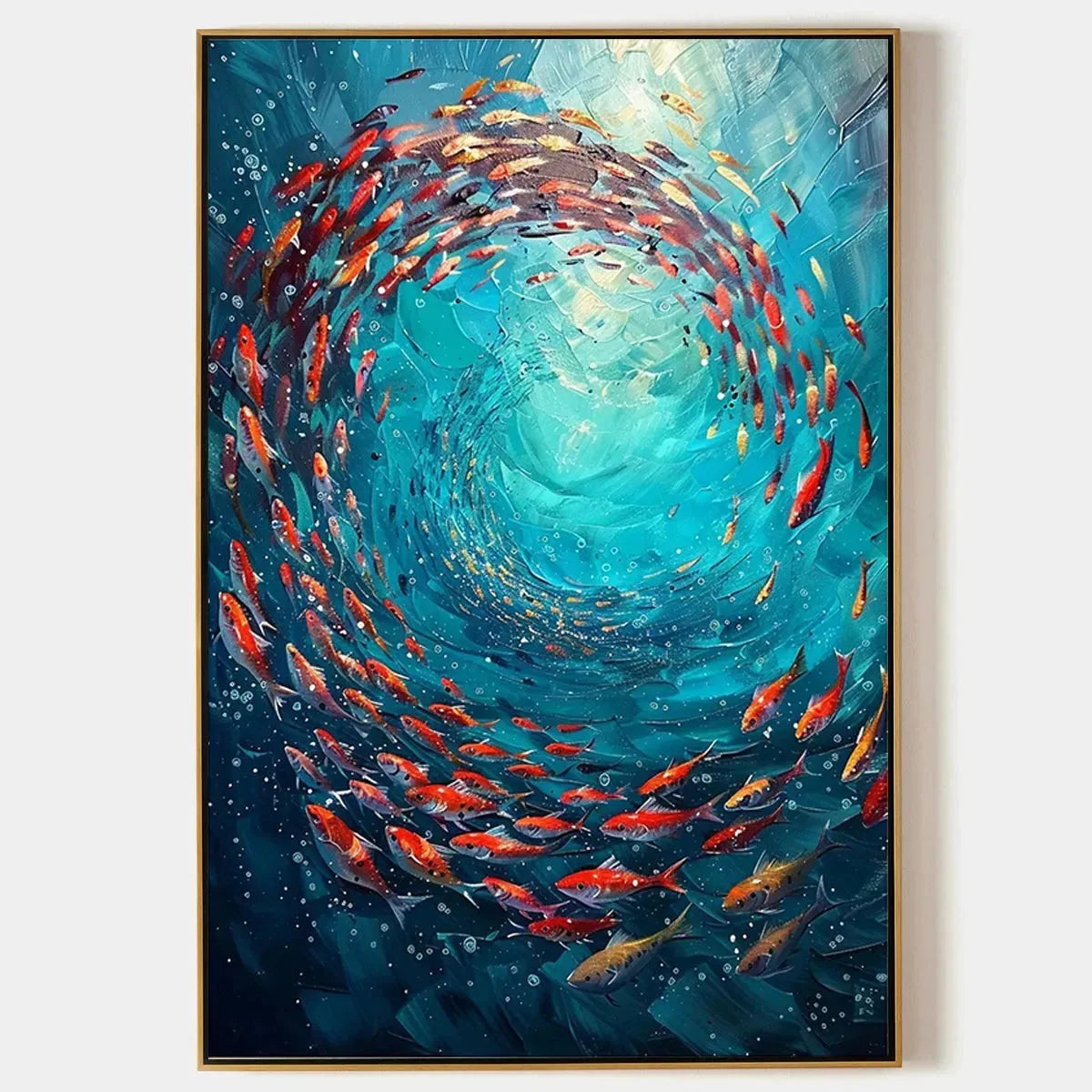 CORAL SWIRL: Vertical Fish Painting, Colorful, Ocean | hanging in CORAL SWIRL: Vertical Fish Painting, Colorful, Ocean featuring layered textured brushwork in refined tones; abstract composition wi...