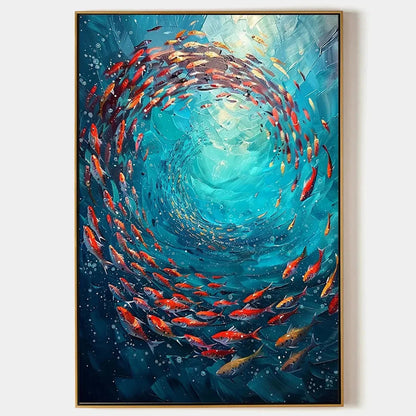 CORAL SWIRL: Vertical Fish Painting, Colorful, Ocean | hanging in CORAL SWIRL: Vertical Fish Painting, Colorful, Ocean featuring layered textured brushwork in refined tones; abstract composition wi...