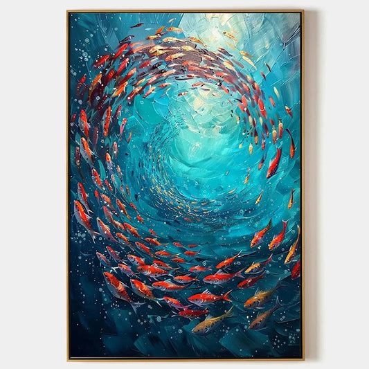CORAL SWIRL: Vertical Fish Painting, Colorful, Ocean | hanging in CORAL SWIRL: Vertical Fish Painting, Colorful, Ocean featuring layered textured brushwork in refined tones; abstract composition wi...