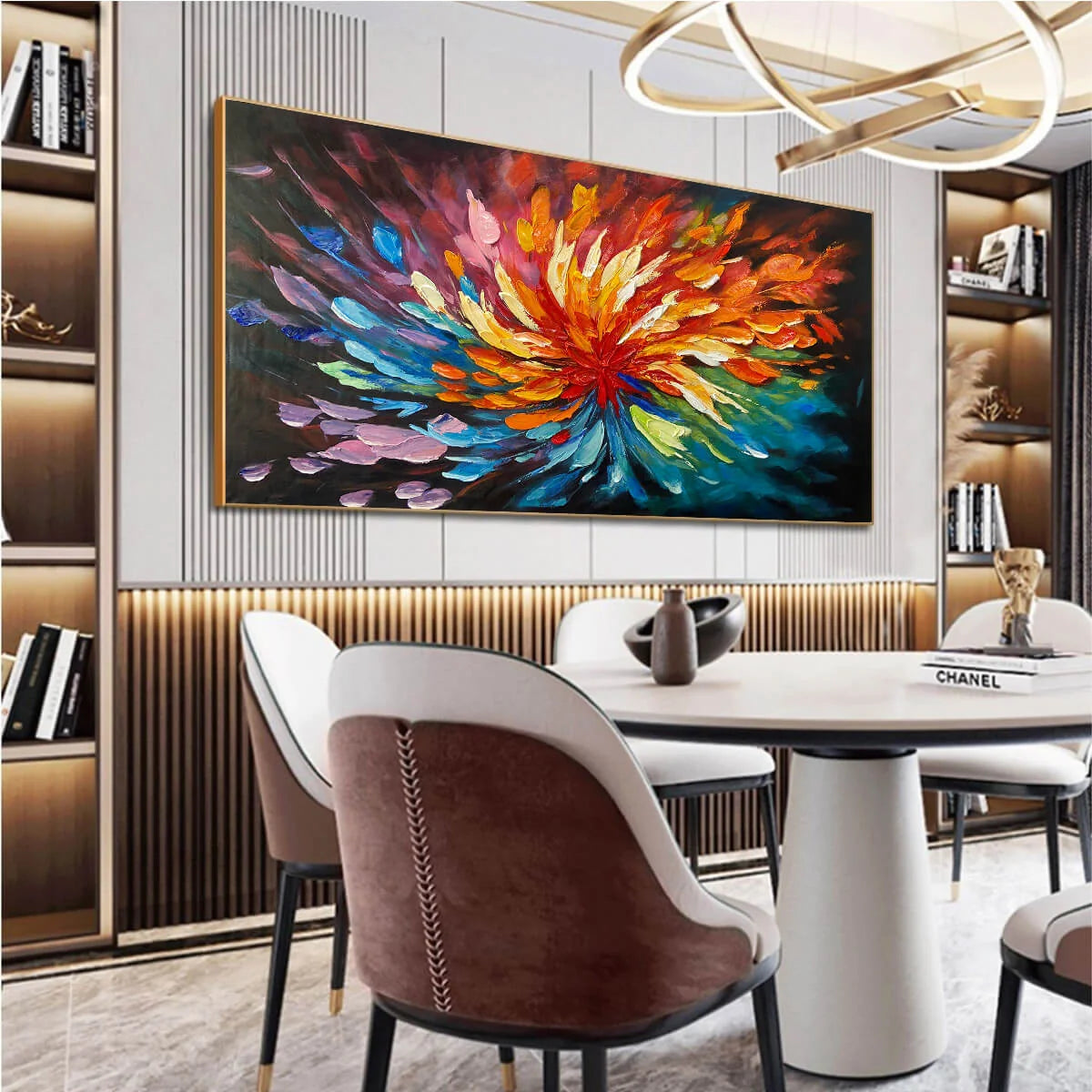 COSMIC BLOOM: Textured Abstract Oil Painting on Canvas | gold frame stretched on neutral wall