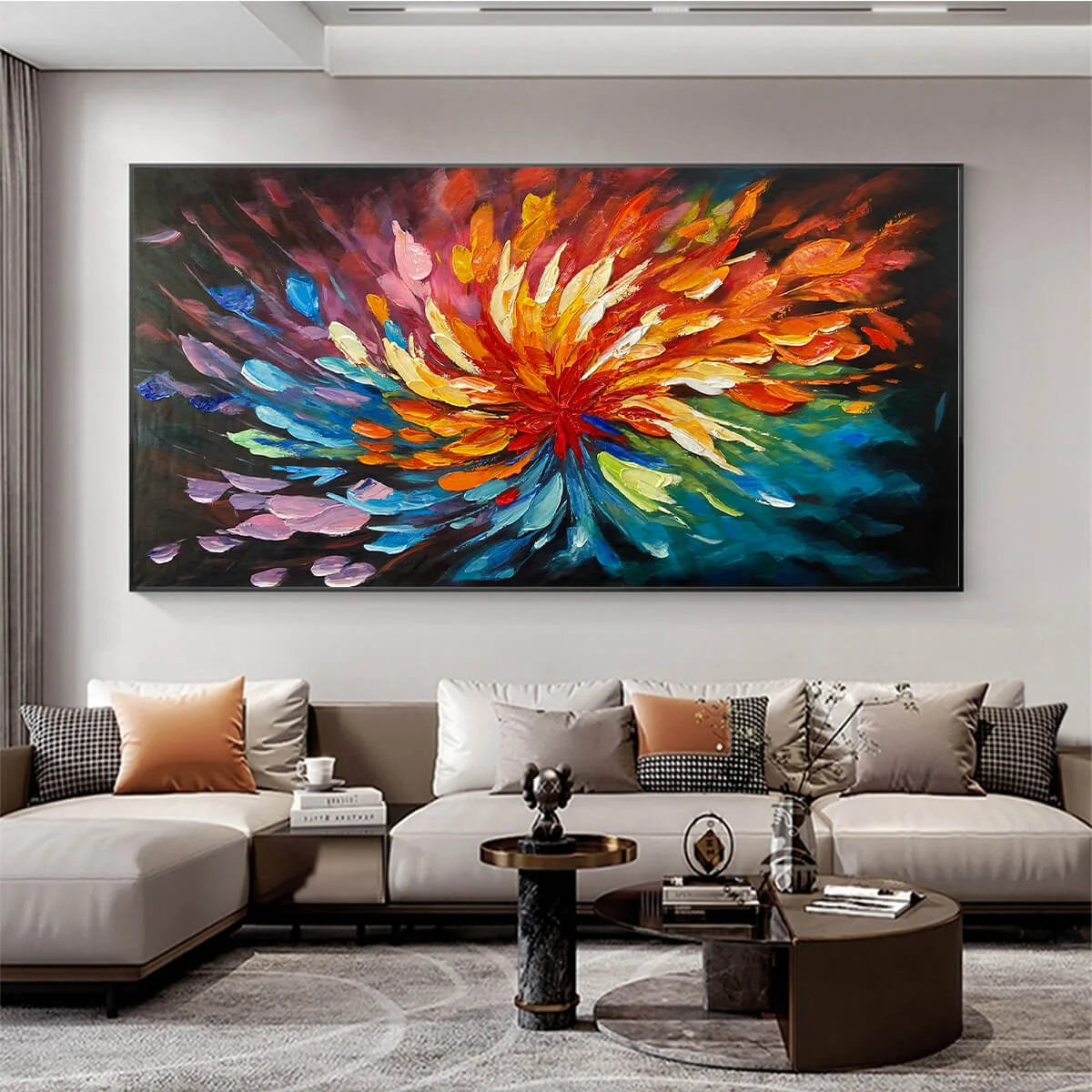 COSMIC BLOOM: Textured Abstract Oil Painting on Canvas | black frame version on white wall